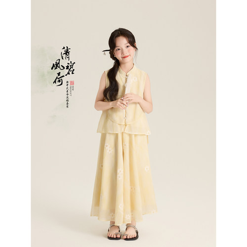 Amybaby女童套装夏季2026新款国风新中式古典绣花上衣阔腿裤