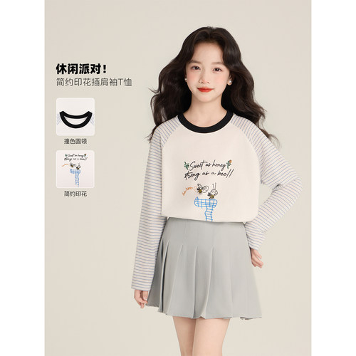 Amybaby女童上衣夏季2026新款百搭卡通印花撞色插肩圆领长袖T恤