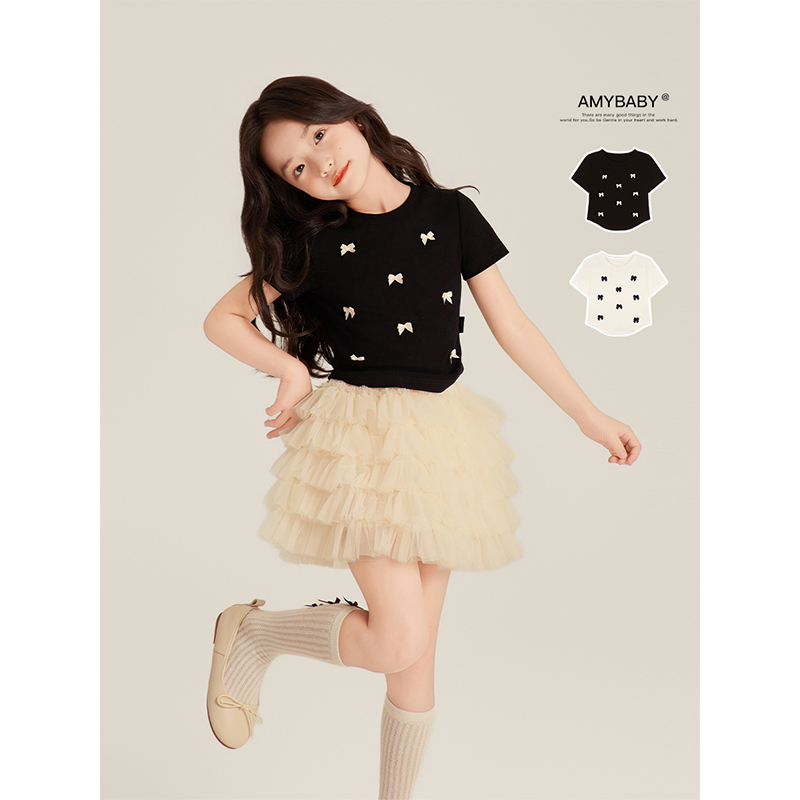 Amybaby女童上衣女2025新款儿童小众蝴蝶结甜美短款显瘦短袖T恤