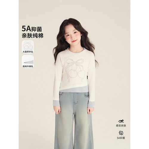 Amybaby女童上衣秋季2025新款韩系假两件拼色烫钻设底蝴蝶结T恤