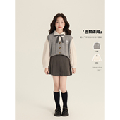 学院风衬衫 2025新款 纯色蝴蝶结针织马甲 冬季 Amybaby女童套装