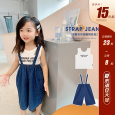 детские штаны amybaby夏装新款女童背带裤套装阔腿裤洋气t恤小童韩版时髦