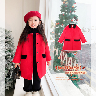 紅色小香風撞色夾棉保暖毛呢大衣 Amybaby女童呢子外套2023新款