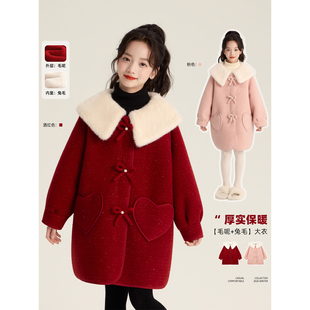 Amybaby女童上衣冬季 毛毛领可爱蝴蝶结毛呢大衣外套 2025新款
