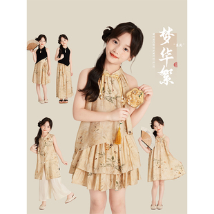 中式 2025新款 国风挂脖连衣裙盘扣上衣旗袍裙 夏季 Amybaby女童套装