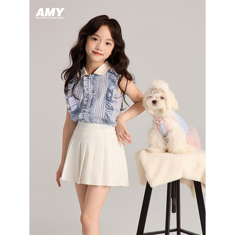 Amybaby女童上衣2025夏季新款气质时髦法式娃娃领无袖花边衬衫,童装/婴儿装/亲子装,衬衫,淘宝优惠券,粉丝福利购,淘宝优惠卷