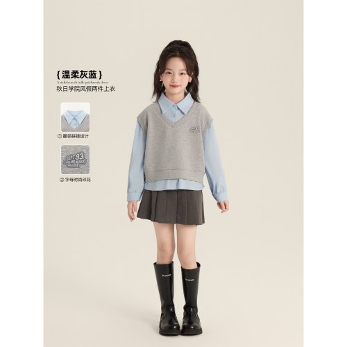 Amybaby女童上装春季2026新款韩版春日学院风假两件拼接衬衫上衣 - 封面