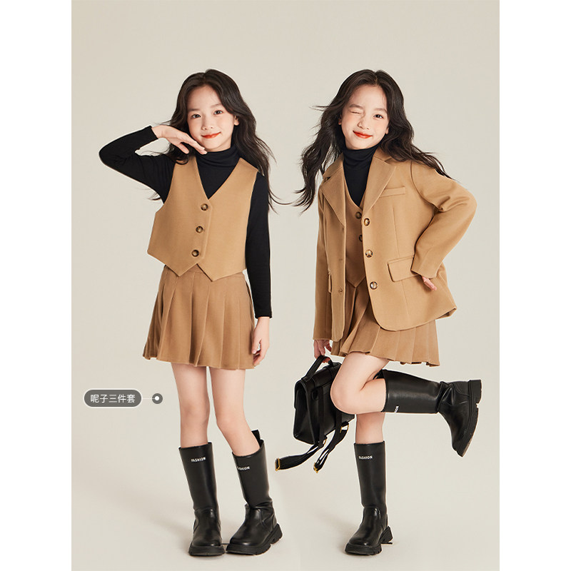 Amybaby女童套装冬季2025新款式文艺高级感小西装外套马甲百褶裙,童装/婴儿装/亲子装,套装,淘宝优惠券,粉丝福利购,淘宝优惠卷