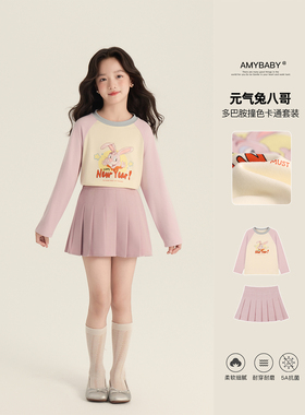 Amybaby女童套装春季2025新款洋气百搭宽松插肩袖T紫色百褶裙