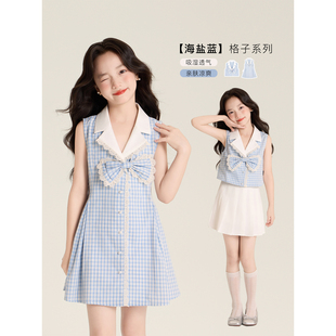 Amybaby女童裙子夏季2025新款甜美撞色V领格子蕾丝拼接花边连衣裙