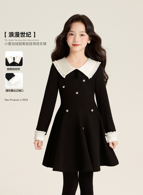 Amybaby女童裙子冬季2025新款精致英伦小香加绒甜美娃娃领连衣裙