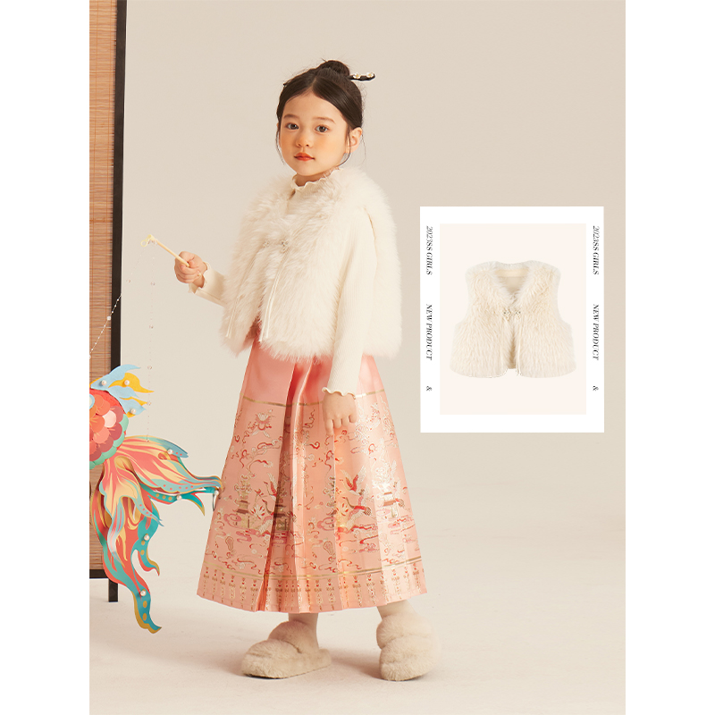 Amybaby女童马甲2023新款儿童冬季轻奢高级感气质白色皮草外套
