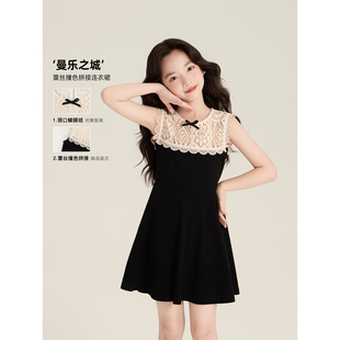 Amybaby女童裙子夏季 法式 復古蕾絲蝴蝶結拼接無袖 連衣裙 2025新款