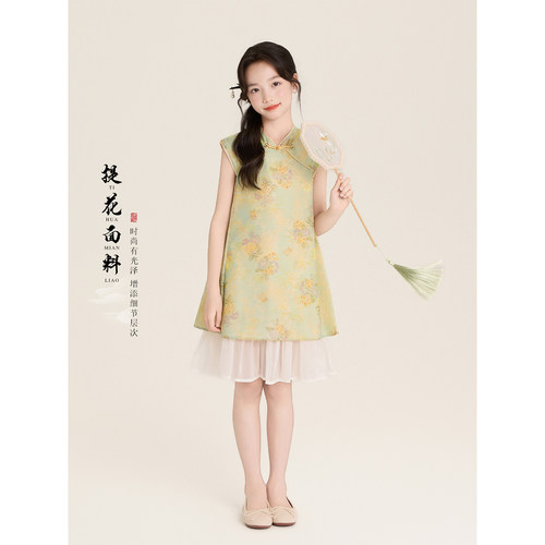 Amybaby女童裙子夏季2026新款新中式盘扣设计感国风旗袍裙