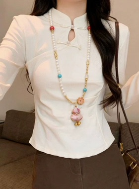 新中式旗袍配饰宋锦粉葫芦吊坠珍珠项链长款女国风串珠毛衣链挂件