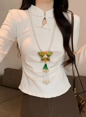 新中式国风宋锦蝴蝶珍珠流苏吊坠长项链女毛衣链配饰串珠旗袍挂件