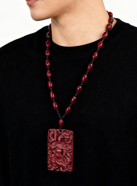 新中式国风男女朱砂关公吊坠关二爷关羽武财神项链毛衣链配饰唐装