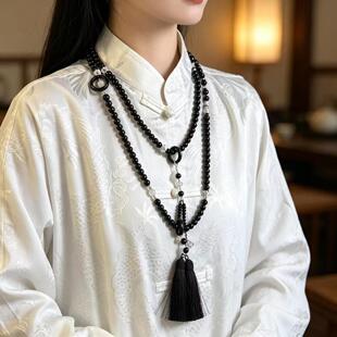 新中式国风旗袍汉服流苏黑色串珠项链复古高级感斜挎链毛衣链配饰