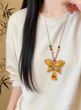 新中式国风唐装汉服旗袍宋锦蝴蝶流苏项链女高级感毛衣链挂绳配饰