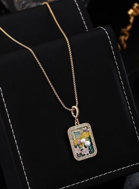 油画新中式吊坠项链长款毛衣链国风挂件古风配饰品衣服时尚装饰