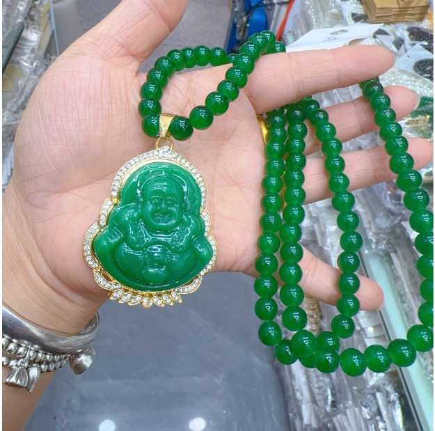 仿翡翠绿色弥勒佛项链新中式国风串珠佛珠女毛衣链长款佛祖配饰品