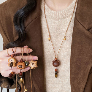 虎眼石木质串珠项链女轻奢高级感秋冬毛衣链配饰挂件男女胸前简约