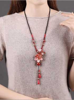 新中式国风旗袍玛瑙民族风女串珠毛衣链长款百搭吊坠项链配饰挂件