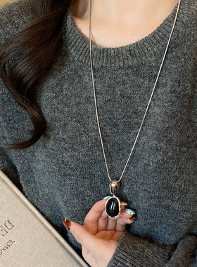 复古轻奢高级感不规则椭圆仿黑玛瑙水滴项链毛衣链简约气质锁骨链