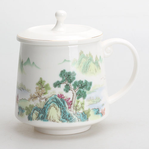 国画锦绣河山陶瓷盖杯羊脂玉瓷