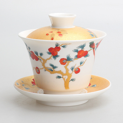 喝茶陶瓷羊脂玉柿子三才盖碗