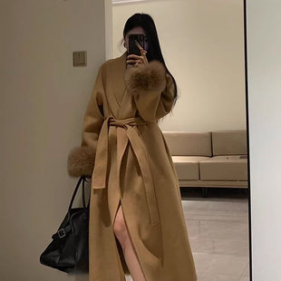 海宁赵大青皮草*淼同款100绵羊毛双面呢大衣女秋冬可拆卸真狐狸毛
