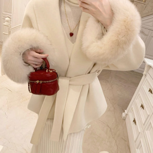 海宁赵大青富贵花赫本风真狐狸毛羊毛大衣显瘦百搭腰带款 汤崽崽款