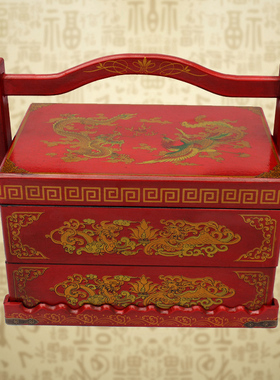 仿古代中式食盒结婚庆陪嫁红色复古装送餐饭盒木质手提篮多层道具