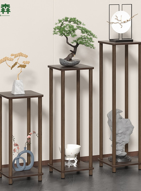 新中式花架客厅落地式实木花盆架胡桃木色花凳家用阳台花几加高款