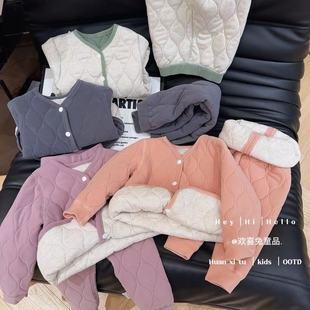 男女童蚕丝羊毛加厚棉袄校服神器保暖上衣秋冬三层夹棉裤 子套装