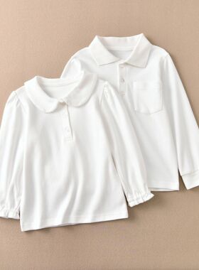 儿童纯色POLO翻领打底衫女童白色校服内搭上衣男童纯棉长袖T衬衫