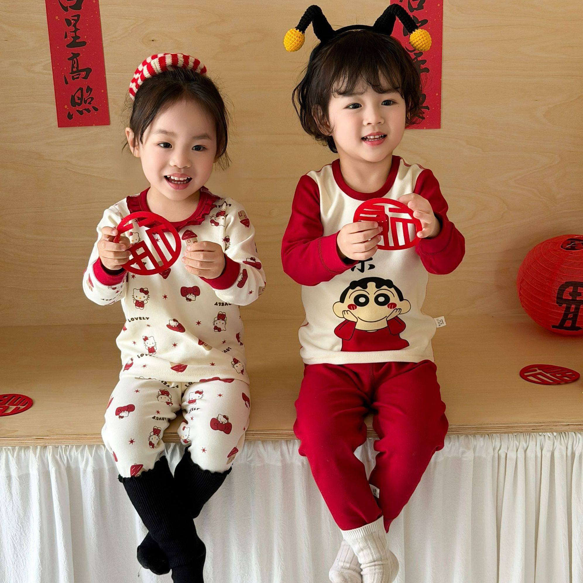 马年儿童秋衣秋裤套装秋冬纯棉大红2026春节男童女孩宝宝保暖内衣