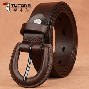 啄木鸟头层牛皮皮带女牛仔裤 真皮包裹防金属接触针扣休闲腰带
