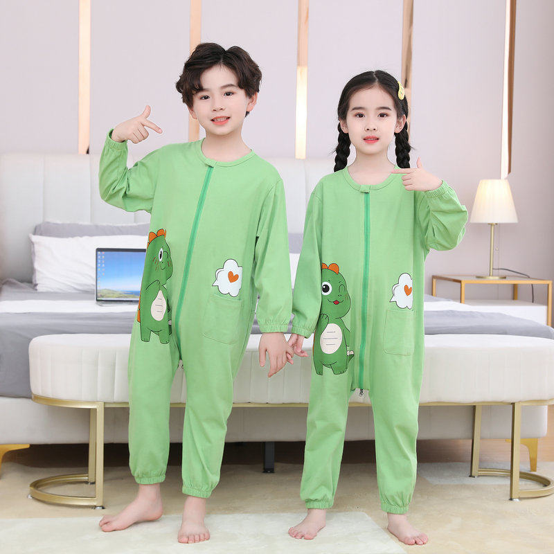COTTON CHILDRENS ONE-PIECE PAJAMAS SPRING AND AUTUMN THIN BOYS MIDDLE AND LARGE CHILDREN GIRLS ONE-PIECE LOUNGEWEAR ANTI-KICK BELLY PROTECTION LONG SLEEVES
