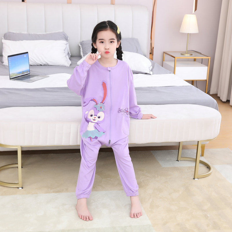 COTTON CHILDRENS ONE-PIECE PAJAMAS SPRING AND AUTUMN THIN BOYS MIDDLE AND LARGE CHILDREN GIRLS ONE-PIECE LOUNGEWEAR ANTI-KICK BELLY PROTECTION LONG SLEEVES