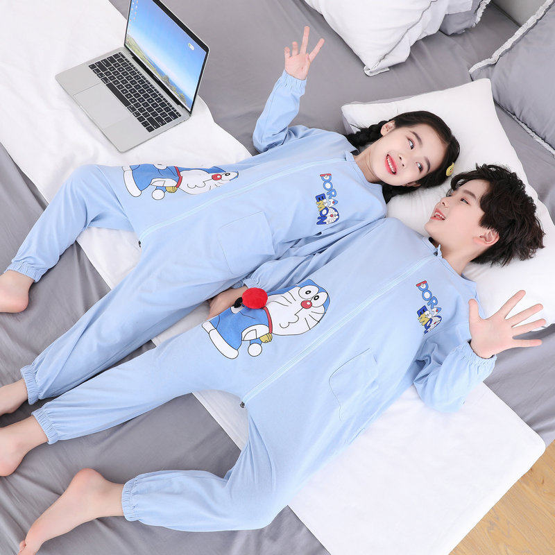 COTTON CHILDRENS ONE-PIECE PAJAMAS SPRING AND AUTUMN THIN BOYS MIDDLE AND LARGE CHILDREN GIRLS ONE-PIECE LOUNGEWEAR ANTI-KICK BELLY PROTECTION LONG SLEEVES