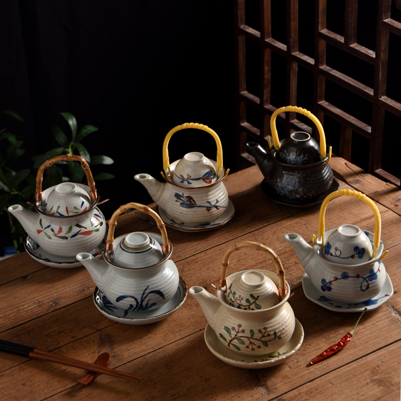陶瓷海鲜壶复古风陶瓷餐具松茸汤壶寿司料理店商用创意提梁小茶壶