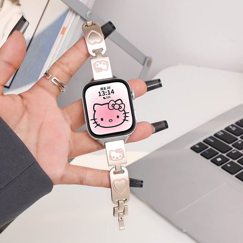 适用于iwatch10手表表带applewatchS9/8/7/6金属腕带爱心KT凯蒂猫5/4/se替换带Ultra2彩钻小狗高级ins女表链