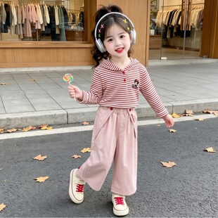 女童连帽套装2026秋季新款条纹连帽上衣阔腿裤韩版洋气时髦两件套