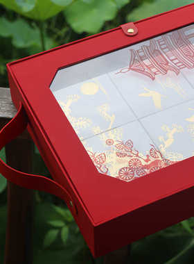 2025红色国风中秋月饼礼盒酒店公司礼透明开窗高档皮手提空盒现货