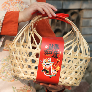 2026新年大吉礼盒手提竹篓篮中式年货伴手礼高档烫金工艺礼品包装