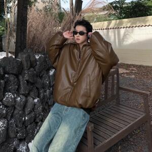 美式复古外套男冬棉服咖色美拉德皮衣加厚翻领夹克情侣 A230/P128图片