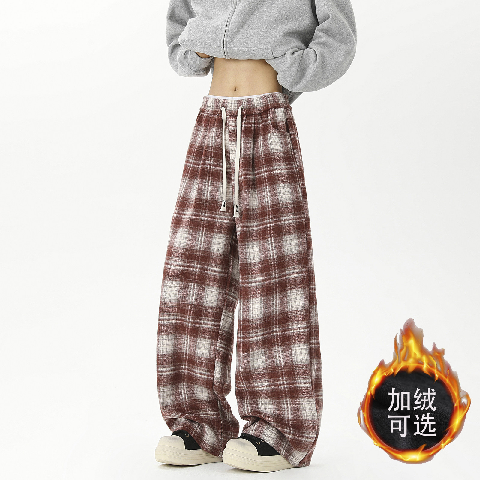美拉德毛呢格子裤美式直筒休闲裤宽松加绒阔腿裤加绒+10 D590/P50图片