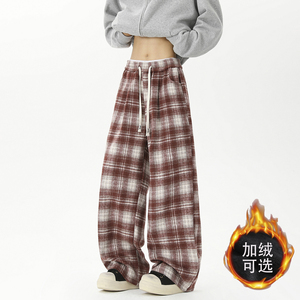 美拉德毛呢格子裤美式直筒休闲裤宽松加绒阔腿裤加绒+10 D590/P50图片