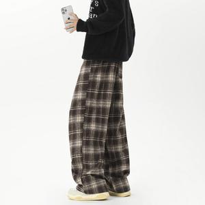 美拉德毛呢格子裤美式直筒休闲裤宽松加绒阔腿裤加绒+10D590/P50,秋季穿搭男美式图片